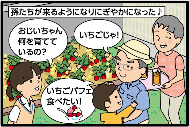 【孫たちが来るようになりにぎやかになった♪】「おじいちゃん何を育てているの？」「いちごじゃ！」