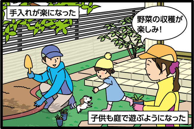 「手入れが楽になった」「野菜の収穫が楽しみ！」「供も庭で遊ぶようになった」